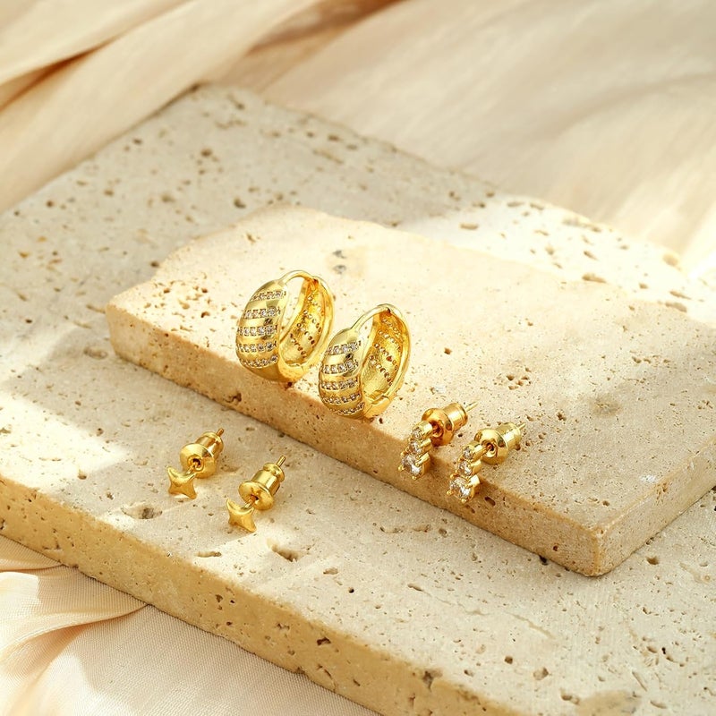 Rotnso Gold Hoop Earrings Set for Women Trendy, 14K Gold Plated Chunky Hypoallergenic Small Diamond Cartilage Hoops Cute Cubic Zirconia Dangle Stud Earrings Jewelry Gifts - Image 5